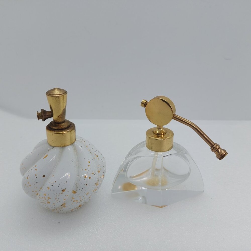 2 Vintage Atomizer Perfume Bottle, White With Gold Specks & Clear Glass
